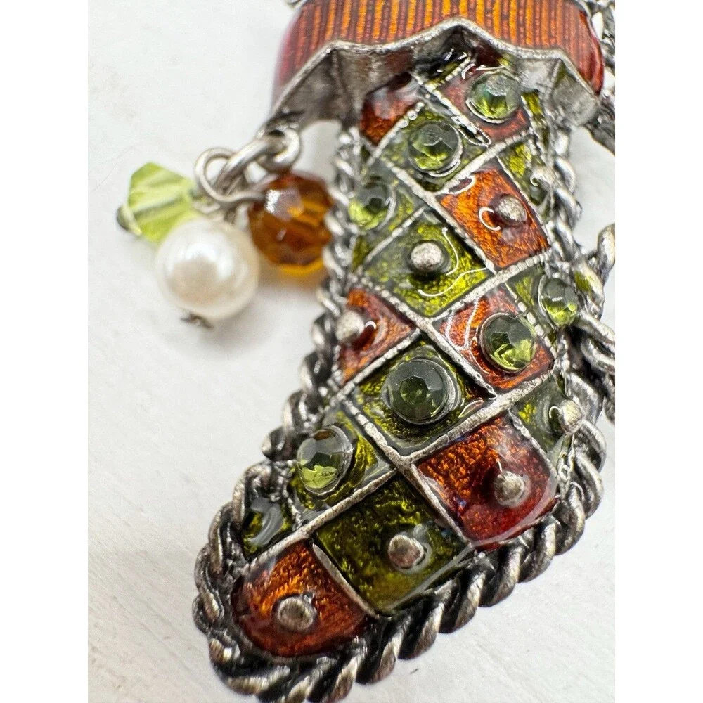 KC Kenneth Cole Classic Christmas Stocking Crystal Gems Brooch Cha Cha Beads